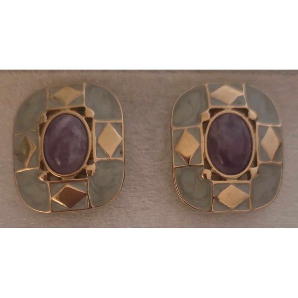 Vintage Amethyst Cabochon Earrings Clip On Gray Enamel Geometric Accents